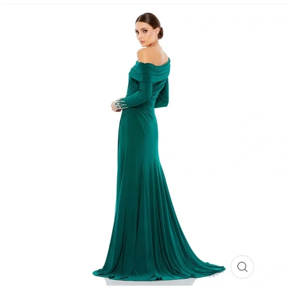 MAC DUGGAL BEADED CUFF DROP SHOULDER FAUX WRAP GOWN SIZE 0 EMERALD GREEN #12231 - Picture 2 of 14